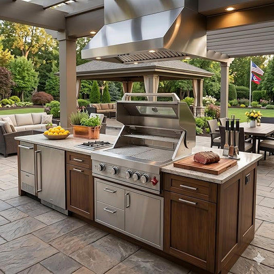Premium 5-Burner (Including Rear Burner) Built-in Gas/Charcoal Grill — Portable 304 Stainless Steel Outdoor Grill with 12,000 BTU High-Power Output, 495 Sq. In. Cooking Area (31-IN)