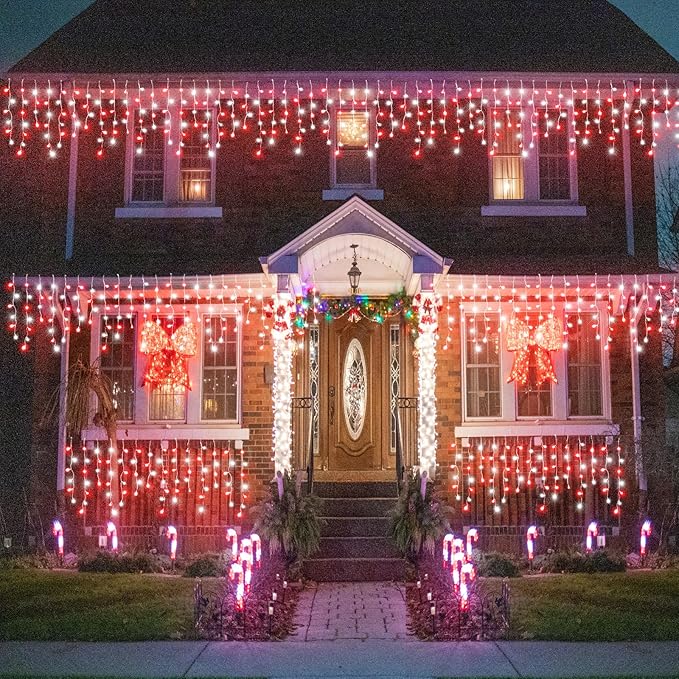 132ft Icicle Lights for Outside, Red and White Christmas Lights Outdoor Indoor, 1280 LED Twinkle With 240 Drops Short Curtain for Thanksgiving Room Home Wall Bedroom Window Decoration