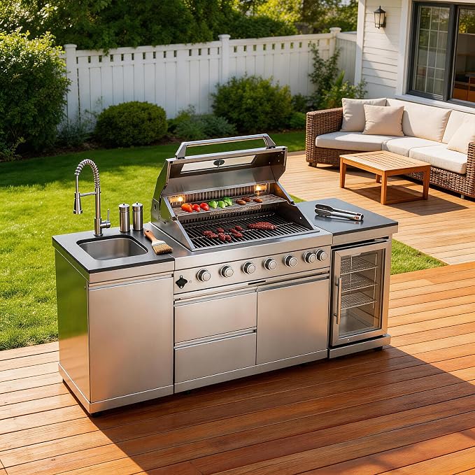 82 Inches 6-Burner 85000 BTU Natural Gas Outdoor Kitchen Island with Grill with Wine Cooler, Compact Refrigerator, Rotisserie, Granite Countertops & Storage, For Patio, Lawn, Backyard, Silver