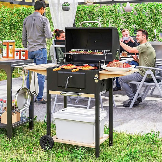 Black Charcoal Grill 245sq.in. – 3-Position Adjustable Pan, Lid Thermometer, 2 Side Shelves + Bottom Shelf, Warming Rack, Mobility Wheels