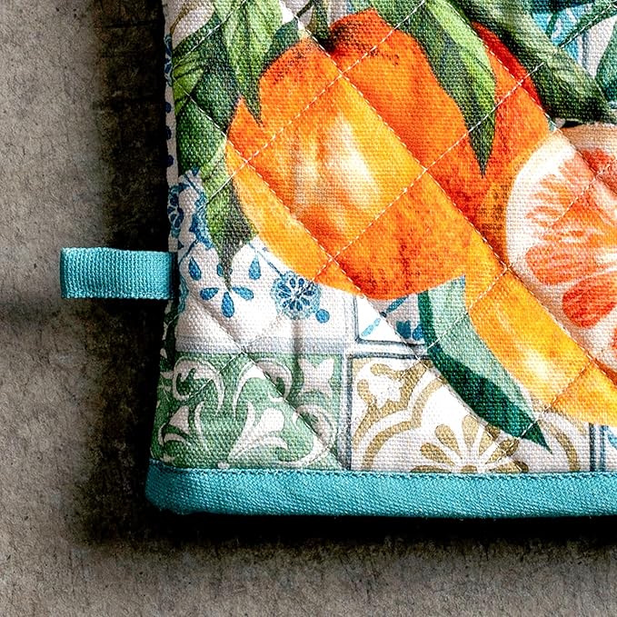 Maison d' Hermine 100% Cotton Oven Mitt & Pot Holder Set (7.5"x13" & 8"x8") Heat Resistant BBQ Cooking Gloves with Loop Baking Grilling Kitchen Hotel Home Farmhouse Spring Summer (Agrume)