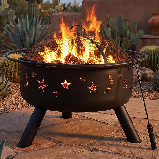 Sunnydaze Cosmic 30-Inch Outdoor Fire Pit with Grill Grate, Spark Screen, and Fireplace Poker - Round Steel Metal Wood-Burning Outside Firepit for Patio, Backyard, Porch, Deck - Bronze