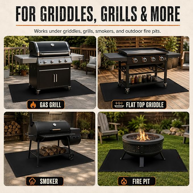 75 x 40 in Under Grill Mat for Outdoor Grill, 4 Weighted Corners | Wind-resistant, no-curl grill mat with bound edges; waterproof, oil-proof, fireproof to 2000°F for Blackstone, decks & patios