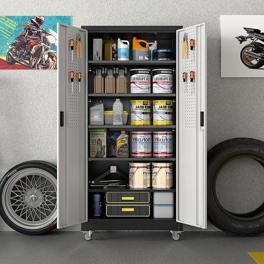 Garage Storage Cabinet with Wheels & Pegboard, Lockable Metal Storage Cabinet with Doors and 5 Adjustable Shelves for Garage, Home, Storage, Assembly Required, Black and Silvery, 71" Hร34" Wร18" D