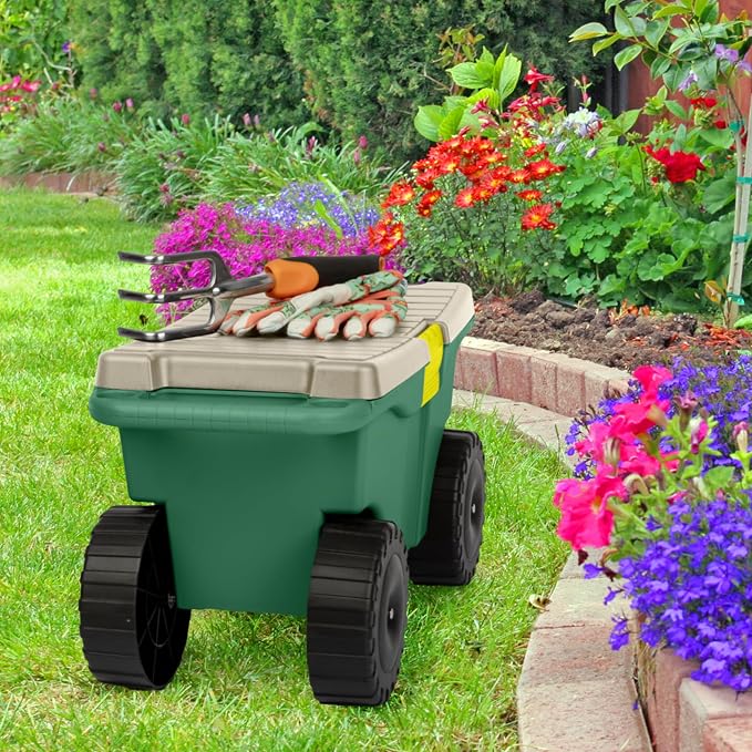 Rolling Garden Cart with Seat - Plastic Storage with Bench and Interior Tool Tray - Gardening Stool for Weeding and Planting By Pure Garden (Green) | Plastic Storage with Bench and Interior Tool Tray - Gardening Stool for Weeding and Planting