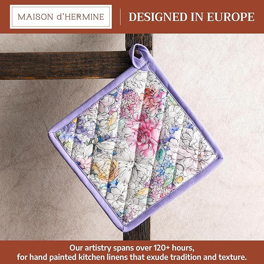Maison d' Hermine Pot Holders 100% Cotton Heat Resistant Potholders 8" x 8" Hot Pads with Loop BBQ Cooking Baking Hotel Farmhouse Kitchen Handling Hot Pans Spring Summer (Pack of 1, Floral Love)
