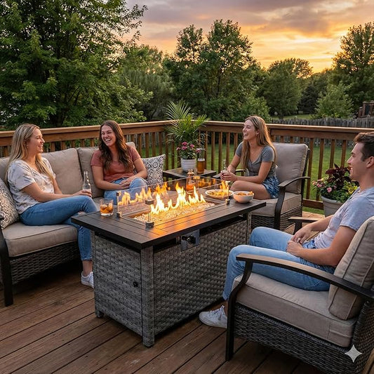 44" Fire Pit Table with Wind Guard for Outdoor, Auto-Ignition Propane Gas Firepits Rattan Rectangular Table for Outside Patio 60,000 BTU, Gray