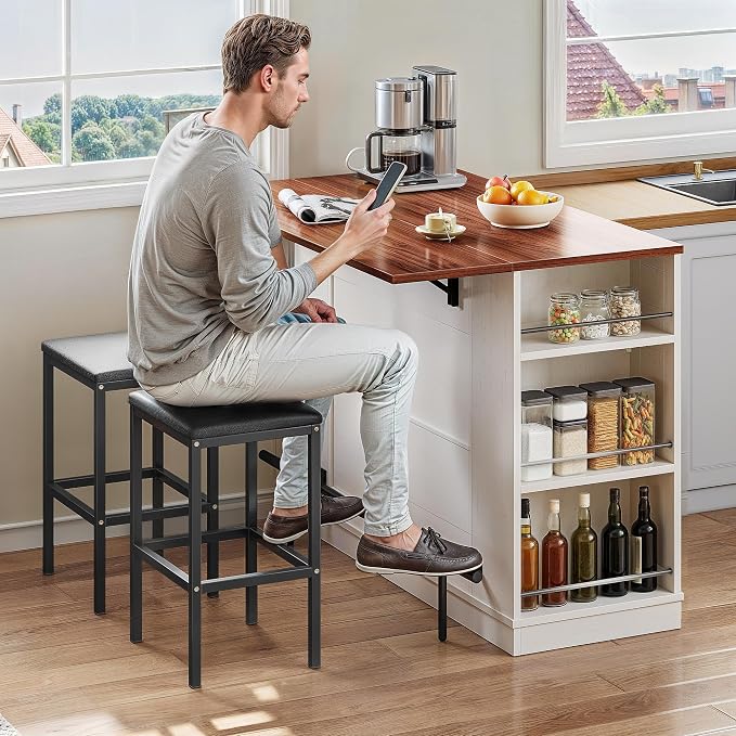 YITAHOME Kitchen Island with Seating | 47 Inch Mobile Storage Island with Drop Leaf, Power Outlet & Spice Rack, 2 Upholstered Stools and Footrest
