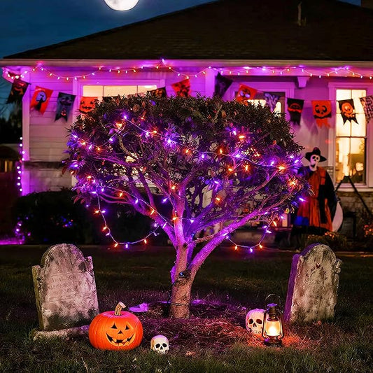 JMEXSUSS 163 FT 500 LED Halloween String Lights Indoor, Orange and Purple Halloween Lights Outdoor, 8 Modes Outdoor Waterproof Clear Wire Christmas String Light Plug in