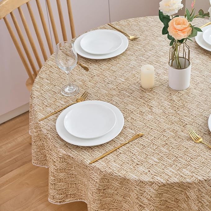 NLMUVW 48 Inch Round Vinyl Tablecloth Flannel Backing, 100% Waterproof PVC Table Cloth Wipe Clean Table Cover for Dining Party Camping Outdoor, Wood Check