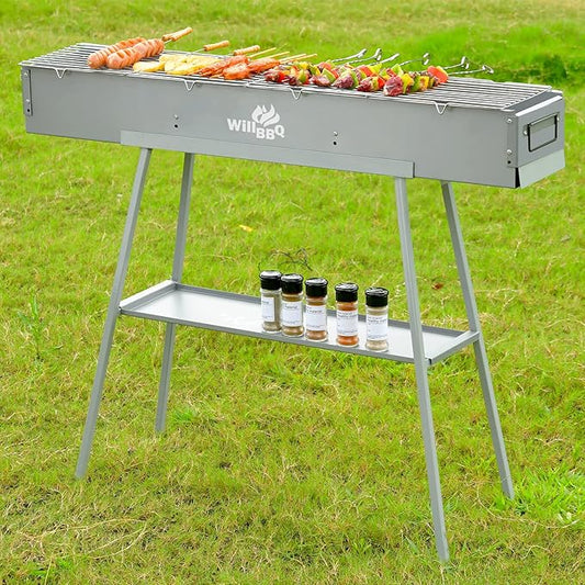 WILLBBQ Charcoal Grill for Tailgate Patio Beach Backyard, Alloy Steel BBQ Barbecue Outdoor Grilling with Durable Support Frame and Dual Adjustable Vents (39.4x7.1x5.1 inch With Accessories)