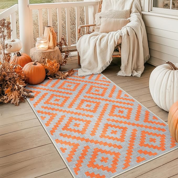 GENIMO Outdoor Rug 3'x5' Waterproof for Porch, Plastic Door Mat Orange Grey | Outside Modern Carpet Mat for Patio Decor, Porch, Deck, Balcony, Camping, RV, Picnic, Beach, Reversible, Foldable