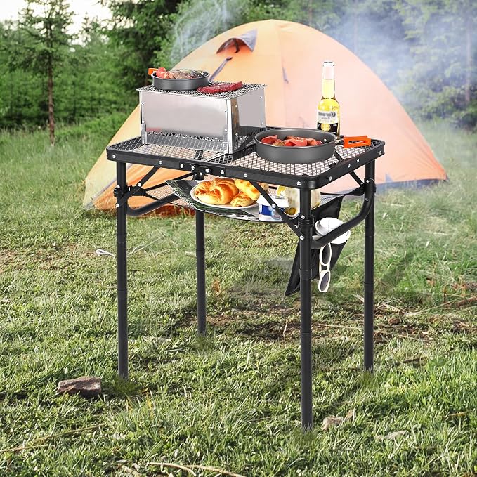 Folding Grill Table, Lightweight Height Adjustable Aluminum Table with Mesh Desktop and Mesh Bag for Outdoor Camping Picnic BBQ, Small 2 Feet, Black