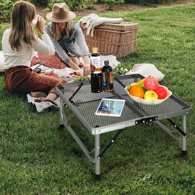 Portable Grill Table for Outside, Aluminum Folding Grill Stand Table for Outdoor Camping Picnic BBQ, Lightweight Adjustable Height, 24"x24"x9.8"/27" Sliver
