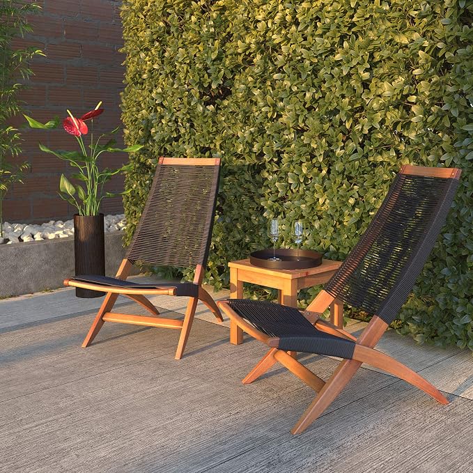Lisa Mid Century Acacia Outdoor Lounge Chair, Black Cording | Quick Dry Cording Suspension Seat and Back, 330 lb Capacity, Low 13.5 in Seat, for Patio, Balcony, Poolside 68095