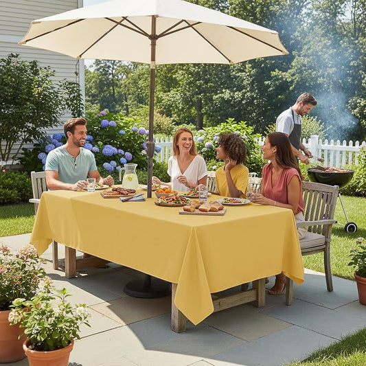 LUSHVIDA Rectangle Outdoor Tablecloth with Umbrella Hole and Zipper, 60x84 Inch Yellow, Washable Waterproof Table Cloth Spill Proof Wrinkle Free Table Cover for Patio Spring Summer Picnic BBQS