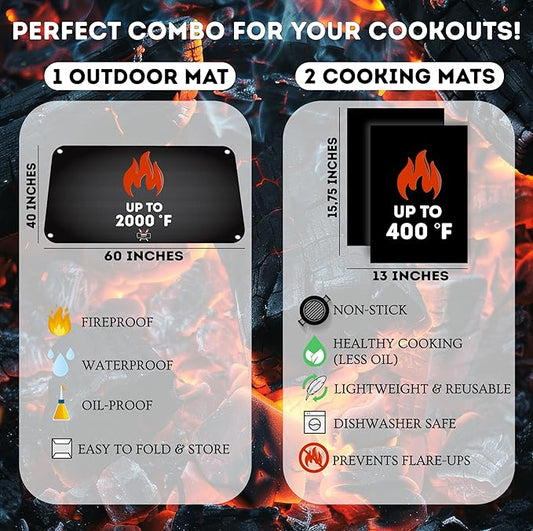Grill Mat Set โ 60"x40" Under Grill Mat for Outdoor Grill + 2 BBQ Cooking Mats, Heat-Resistant Silicone, Includes Stakes & Bag โ Use on All Surfaces