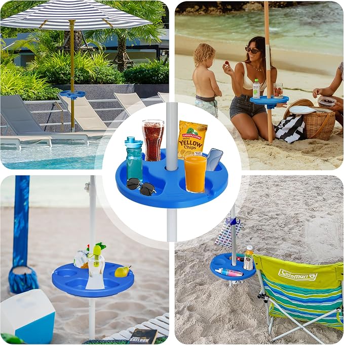 AMMSUN 13" Beach Umbrella Table Tray for Beach, Patio, Garden, Swimming Pool with Cup Holders, Snack Compartments Blue