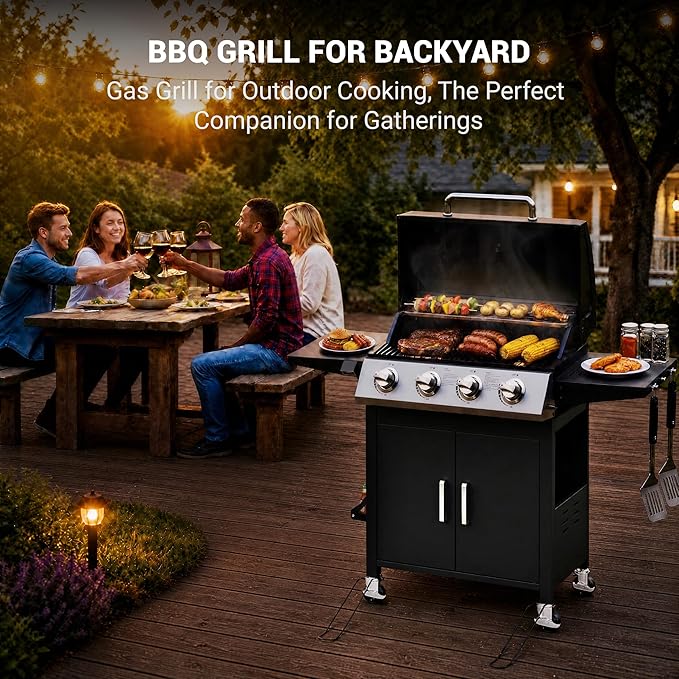HUGROVE 4 Burner Propane Gas BBQ Grill with Wheels, 40,000 BTU Output Stainless Steel Barbecue Grill for Backyard & Outdoor Cooking Easy to Assemble, Foldable Side Tables & Spice Rack (Black)