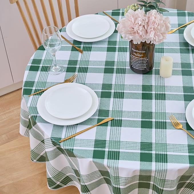NLMUVW 48 Inch Round Vinyl Tablecloth with Flannel Backing, Small Waterproof PVC Table Cloth Wipe Clean Table Cover for Dining Party Camping Outdoor, Green Check