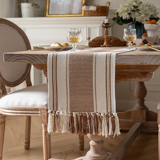Caflife Boho Table Runner Brown for Modern Farmhouse Coffee Table Decor, Rustic Woven Runner with Handcrafted Tassels for Home Dining Table décor 13 x 90 Inch Long
