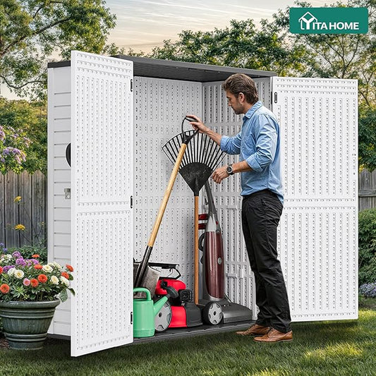 YITAHOME 59 Cuft Outdoor Tall Storage Shed, Waterproof Vertical Resin Shed for Garden, Garage, Patio, Lockable Tool Storage, No Shelves Included, Light Gray