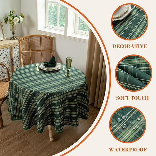 Christmas Green Plaid Waterproof Tablecloth – Classic Woven Check Design – Holiday Dining Table Cover for Xmas Parties, Stain-Resistant & Durable, 60" Round