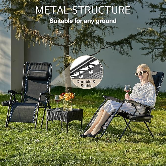 Sweetcrispy Zero Gravity Chairs, Set of 2 Portable Recliner Beach Camping Patio Outdoor Folding Lounge Chair with Cup Holder Trays and Adjustable Pillow for Poolside, Garden, Backyard, Lawn, Black