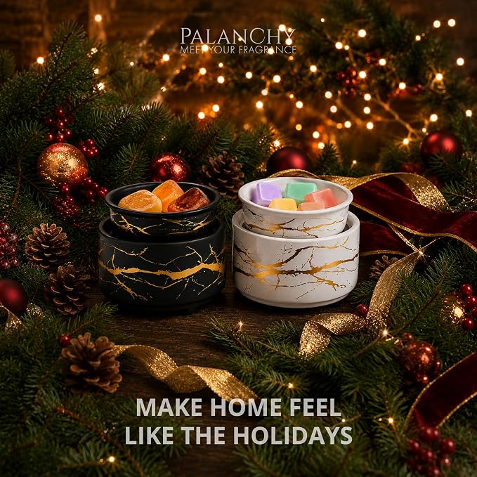 PALANCHY Electric Wax Melt Warmer for Scented Wax, Wax Warmer Set of 2 | Glazed Ceramic Wax Melter Black & White, 3-in-1 Candle Wax Melts Warmer Oil Burner for Aromatherapy. 4 x 4 x 3.5 ins, 17W