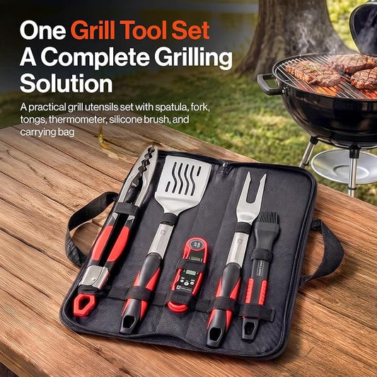 5PCS Grilling Tools for Outdoor Grills - Premium Grilling Utensil Set - Spatula, Tongs, Fork, Thermometer & Brush with Carrying Bag - BBQ Grill Sets for Men - BBQ Grill Accessories Gifts