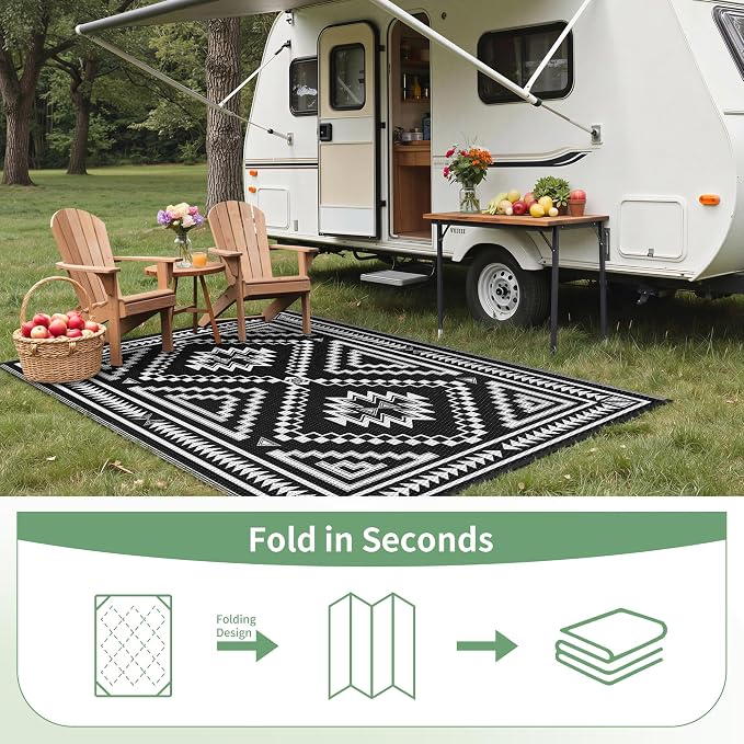 GENIMO Outdoor Rug, Waterproof Plastic Rugs for Patio, 6'x9' Shadow White | Outside Larger Modern Carpet Mat for Porch Decor, Deck, Balcony, Camping, RV, Backyard, Picnic, Beach, Reversible, Foldable