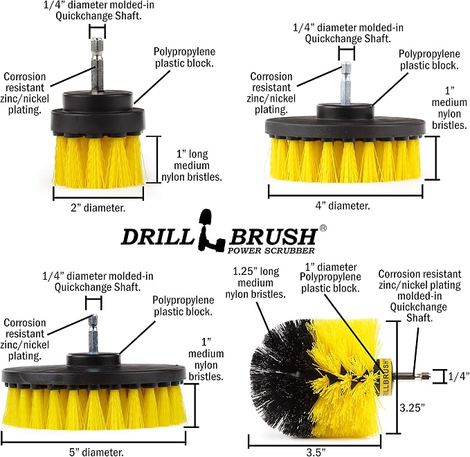 Drillbrush Electric Nylon Drill Brush Attachment Set for Bathroom Cleaning | Power Scrubber Brush Kit for Bathtub, Shower & Tile - Grout Cleaner Kit - All-Purpose Household Cleaning Brushes for Drill