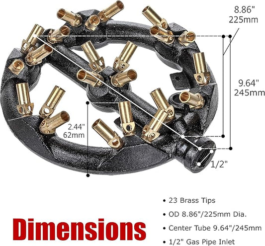 DuraSteel Propane Gas Jet Burner For Chinese Wok Range, Grilling, Stir Fry - Cast Iron Body Round Nozzle Jet Burner with 23 Brass Tips - Up 100,000 BTU
