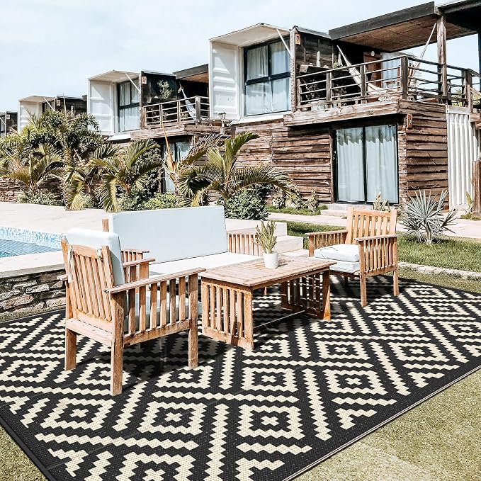 GENIMO Outdoor Rug, Waterproof Plastic Rugs 10'x14' for Camping Black Beige | Outside Larger Modern Carpet Mat for Patio Decor, RV, Porch, Camper, Deck, Picnic, Beach, Backyard, Reversible, Foldable