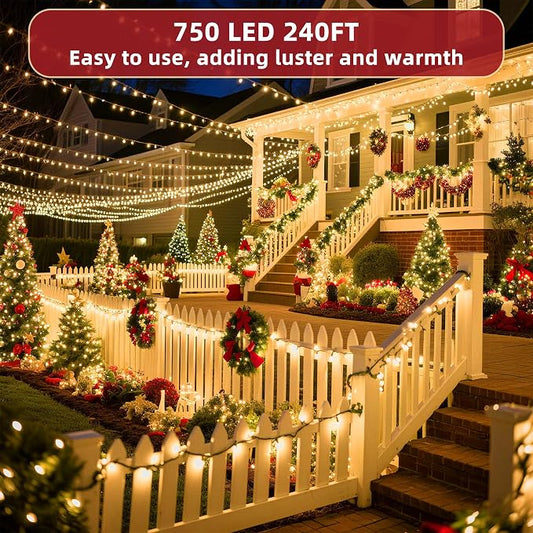 240ft Outdoor Christmas Lights, 750 LED Super Long String Lights 12 Modes & Timer Memory, Dimmable Outsite Waterproof Light Strings for Xmas Tree Garden Wedding Party Holiday Decorations Warm White