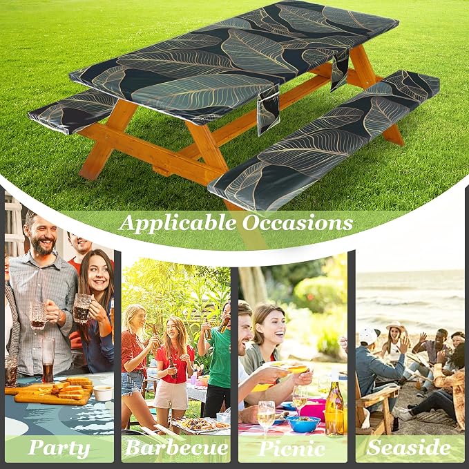 Wrakus Picnic Table Cover with Bench Covers Vinyl Elastic Edges Fitted Rectangle Seat Tables Waterproof 3-Piece72X30in Set Outdoor Rectangular Folding Backing Tablecloth for Camping Over Size