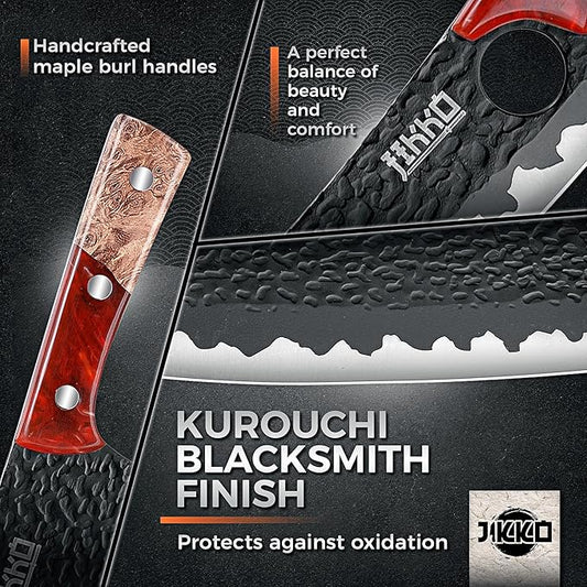 Jikko Phoenix Edition Japanese Knife Set - 3-Piece Chef Knife Set | Butcher Knives, Meat Cleaver, Butcher Knife Set | BBQ Set | Chef Knives with Hammered Blades & Maple Burl