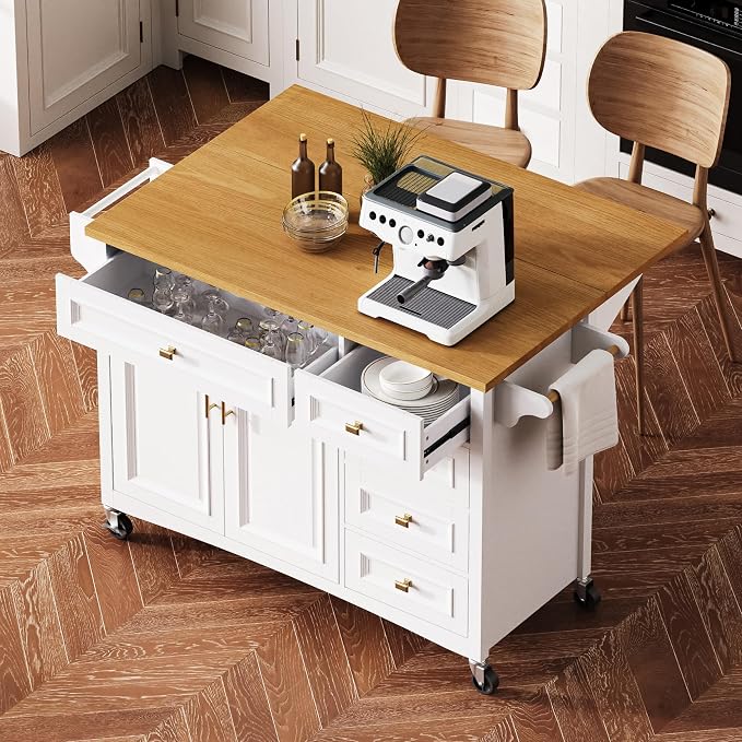 Ball & Cast Kitchen Island with Drop Leaf,Embossed Texture Kitchen Island On Wheels with Spice & Towel Rack,2 Doors and 5 Drawers,Kitchen Storage Cart W/Adjustable Shelf for Kitchen,White,52"