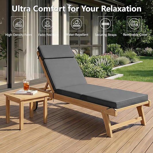 80 x 26 Inch Outdoor Chaise Lounge Cushion - Removable Cover, 4-Section Design, Water-Repellent & Fade-Resistant, 6 Tie Straps, Replacement for Patio & Pool Chairs - Dark Grey