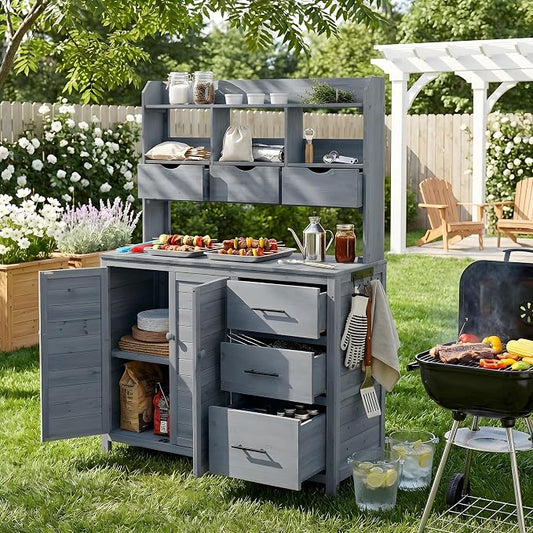 Merax Farmhouse Potting Bench with 6 Drawers, 44.6” Large Garden Workstation, Outdoor Kitchen Island with Bottom Cabinet & Hooks, Freestanding Patio Furniture,Gray