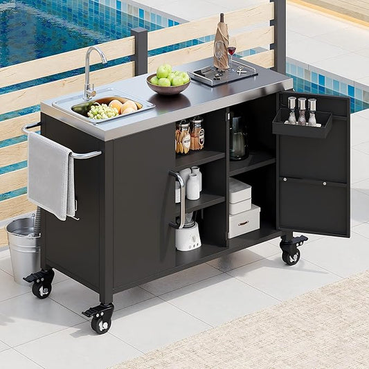 55.5" Outdoor Kitchen Island with Sink, Metal Grill Cart Table with 304 Stainless Steel Sink, Outdoor Bar Cart Sink Station with 4 Lockable Wheels and Storage Cabinet for BBQ Patio Garden (Black--@mi)