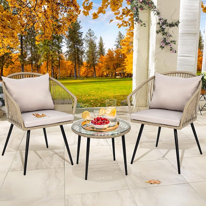 YITAHOME 3-Piece Wicker Small Patio Balcony Chair Set, Outdoor Rattan Conversation Apartment Chairs for Backyard, Balcony and Apartment with Soft Cushions, Glass Side Table Gray