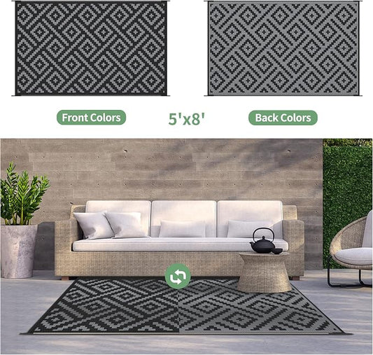 GENIMO Outdoor Rug, Waterproof Plastic Rugs for Patio, 5'x8' Black Grey | Outside Larger Modern Carpet Mat for Porch Decor, Deck, Balcony, Camping, RV, Backyard, Picnic, Beach, Reversible, Foldable