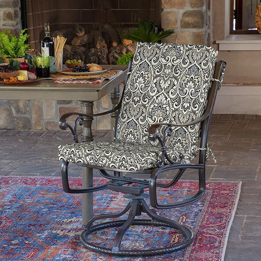 Arden Outdoor Patio Dining Chair Cushion, 20x44, Rain-Proof Seat Pad, Fade-Resistant Outdoor Cushion Black Aurora Damask