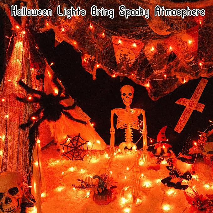 Orange Lights for Halloween Battery Operated with Timer Waterproof Total 100LED 33ft for Halloween Decorations 16.4Ft*2, 50LED*2 Outdoor Indoor for Halloween Decor