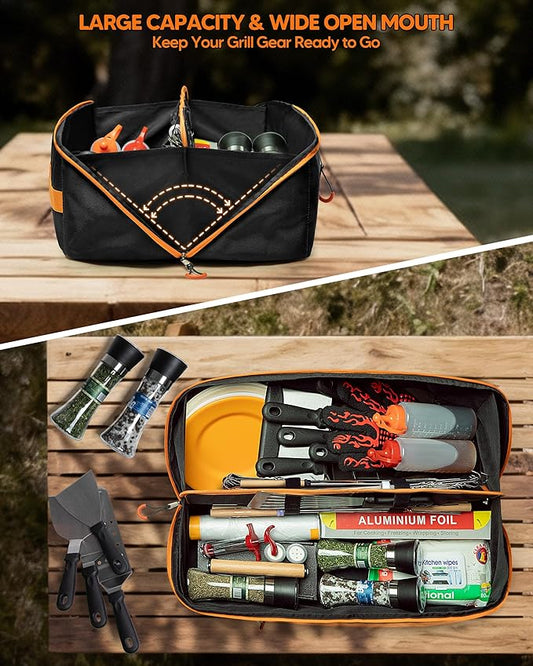 Marscamd 22โ Grill Tool Storage Bag with Dual Inner Compartments, Wide-open Grill Utensil Storage Bag for Grill, Griddle and Barbecue Tools, Black (No Accessories)