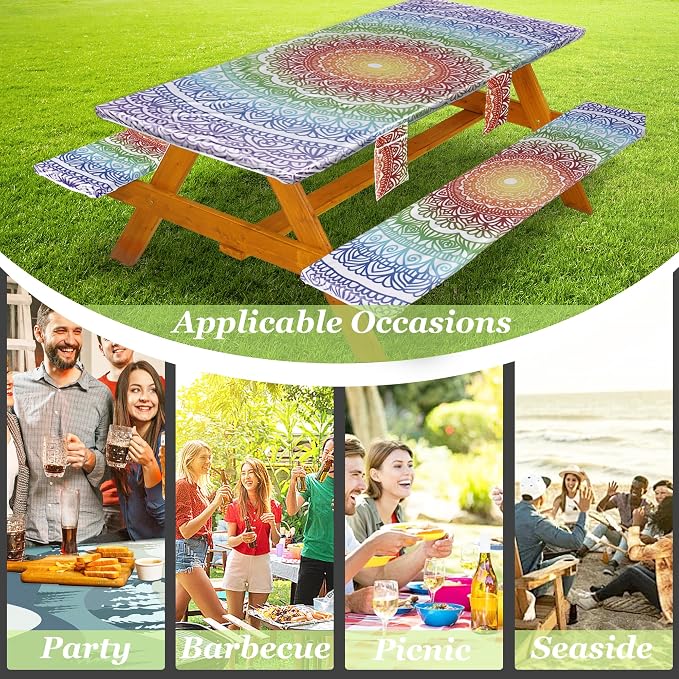 Wrakus Picnic Table Cover with Bench Covers Vinyl Elastic Edges Fitted Rectangle Seat Tables Waterproof 3-Piece96X30in Set Outdoor Rectangular Folding Backing Tablecloth for Camping Over Size