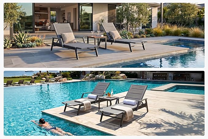 PURPLE LEAF Outdoor Chaise Lounge 2 Pieces Patio Recliner Sunbathing Tanning Chair for Poolside Balcony with Armrests Backyard Moon Basalt