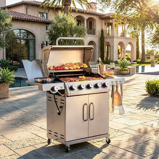 Feasto 5 Burner Propane Gas Grill with Side Burner & Sear Burner, All Stainless Steel BBQ Grill with Porcelain-Enameled Main Cook Chamber & Storage Cabinet for Outdoor Backyard Patio