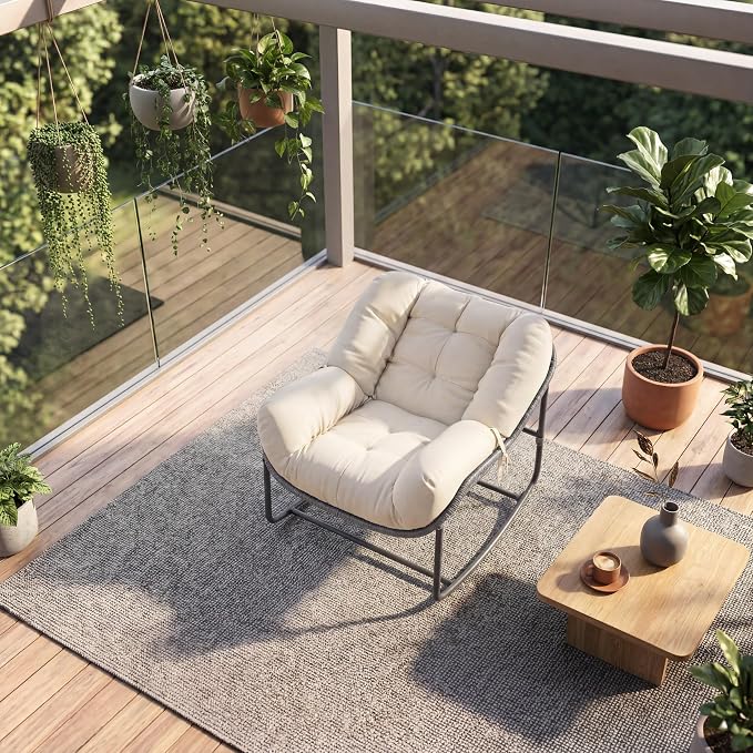 Patio Rocking Chair Set,Indoor Outdoor Rocking Chair,Papasan Chairs with Cushion,Wicker Egg Rockers, Lounge Chair for Patio, Living Room, Bedroom, or Porch,Beige